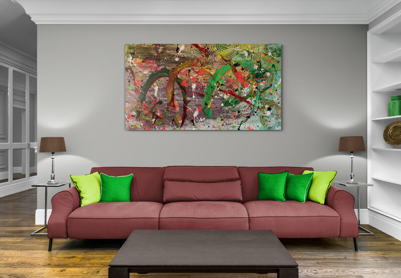 Drachentanz 2- abstraktes Acrylgemälde in Grün, Gelb, Rottönen, Schwarz und Weiß Fabeln, Farben, Fantasie - Sandra Lederer - sanslart - Gengenbach - Ortenau - Offenburg - ARTist Gengenbach/Obernai