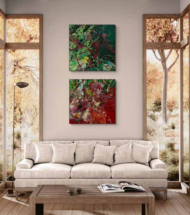 Feuersturm als Diptychon (je 150 x 150 cm) Raumbeispiel