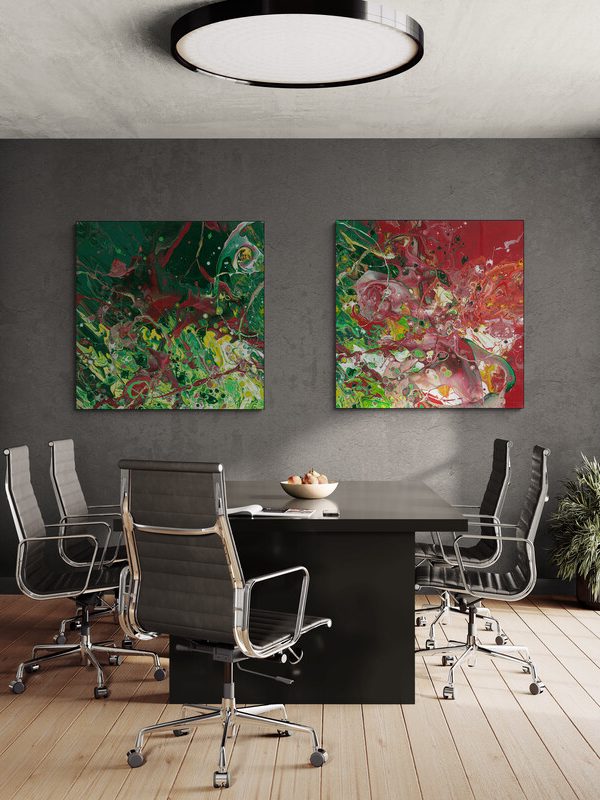 Feuersturm als Diptychon (je 150 x 150 cm) Raumbeispiel