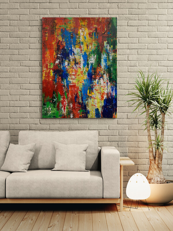 Carnival Brazil - abstraktes Acrylgemälde in Rot, Blau, Grün, Gelb und Weiß Fabeln, Farben, Fantasie - Sandra Lederer - sanslart - Gengenbach - Ortenau - Offenburg - ARTist Gengenbach/Obernai mit Strukturen auf Holzpaneel