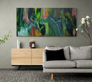 großes abstraktes Acrylgemälde in grün schwarz