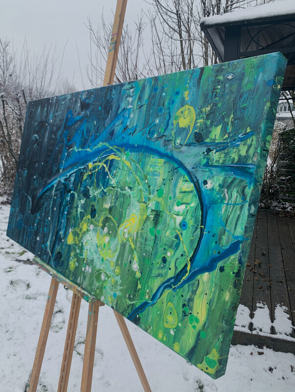 Ocean Battle III - Kollision der Tiefe - 150 cm x 80 cm - Acryl mit Strukturen auf Leinwand - Staffelei im Garten