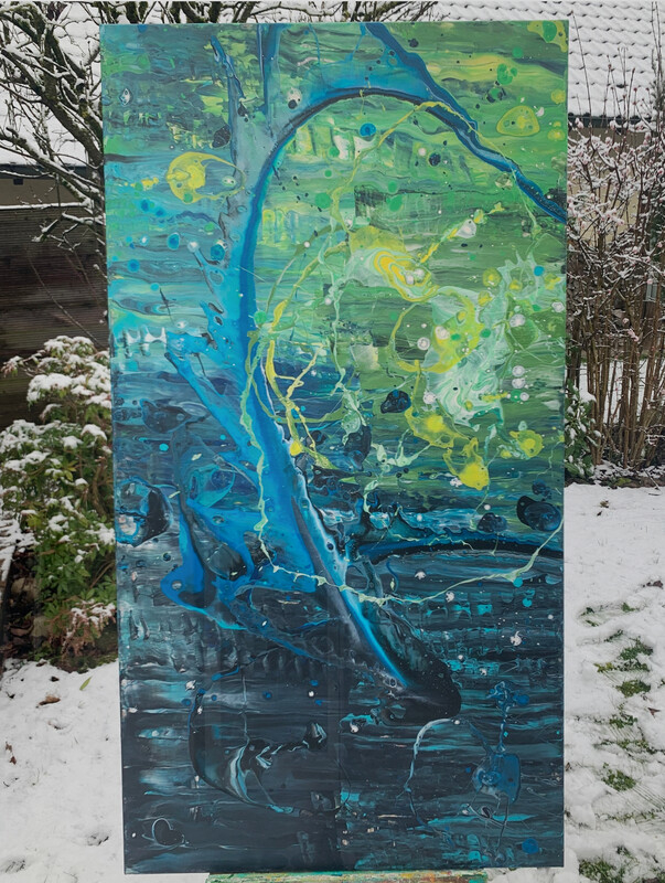 Ocean Battle III - Kollision der Tiefe - 150 cm x 80 cm - Acryl mit Strukturen auf Leinwand - Staffelei im Garten