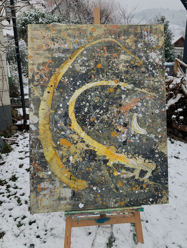 Shooting Stars 90 x 120 cm - auf Staffelei im Garten