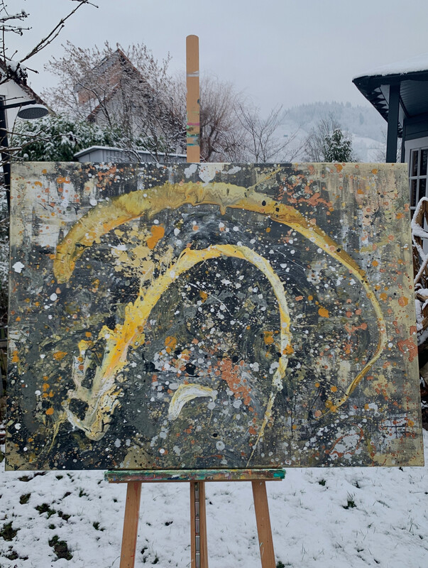 Shooting Stars 90 x 120 cm - auf Staffelei im Garten