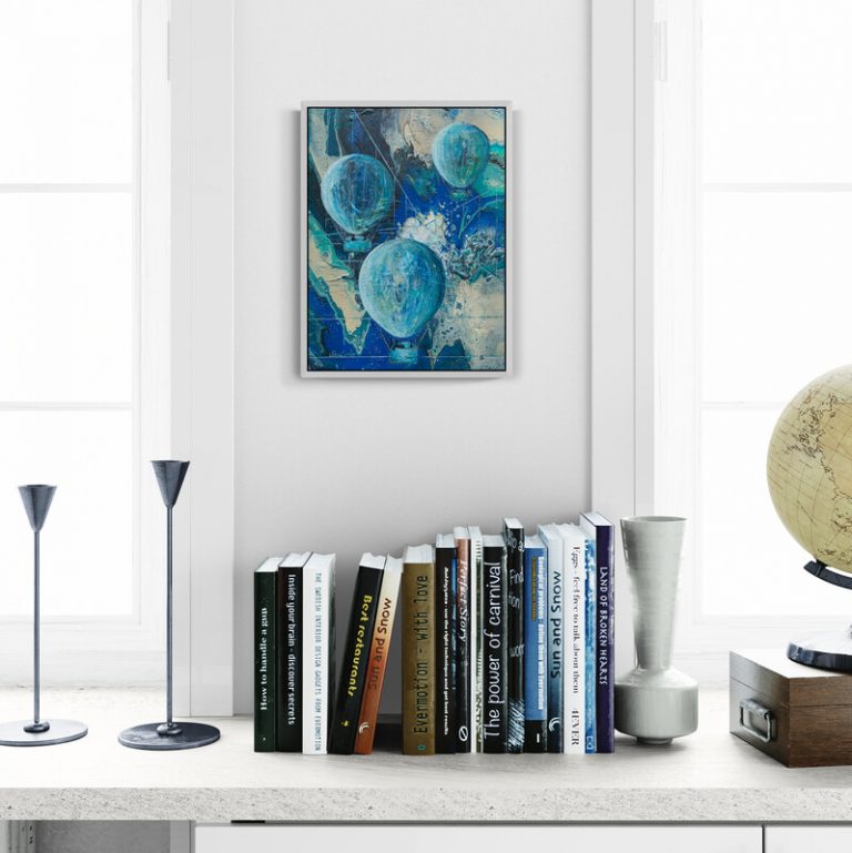 Traumflug - abstraktes Acrylgemälde in Blau, Türkis, Schwarz und Weiß - Ballons und Seifenblasen - Sandra Lederer - sanslart - Gengenbach - Ortenau - Offenburg - ARTist Gengenbach/Obernai