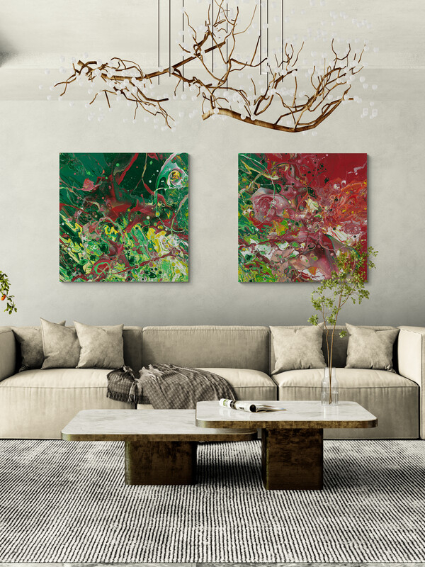 Feuersturm Diptychon Raumbeispiel (je 120 x 120 cm)