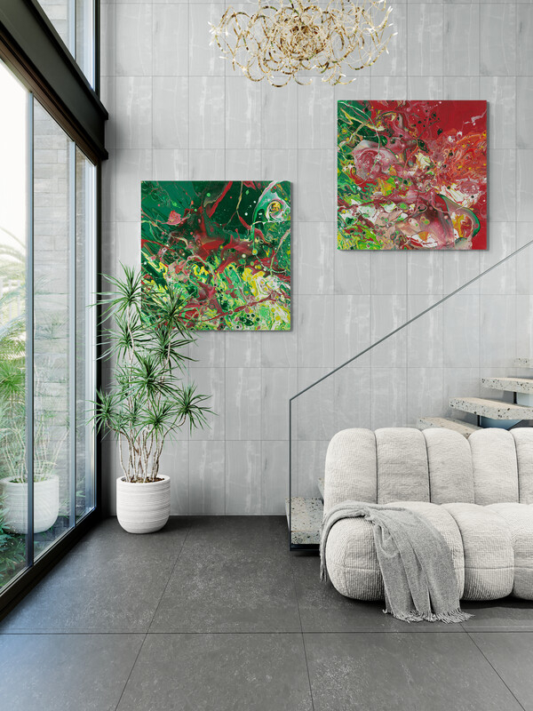 Feuersturm Diptychon Raumbeispiel (je 120 x 120 cm)