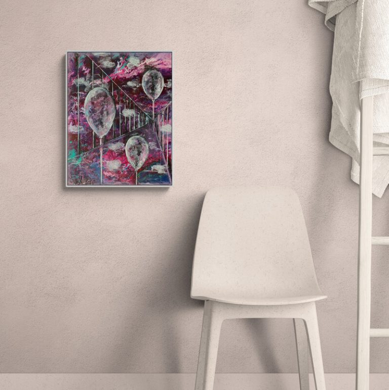 Auf und davon... - abstraktes Acrylgemälde in Pink, Lila, Blau und Weiß - Ballons und Seifenblasen - Sandra Lederer - sanslart - Gengenbach - Ortenau - Offenburg - ARTist Gengenbach/Obernai