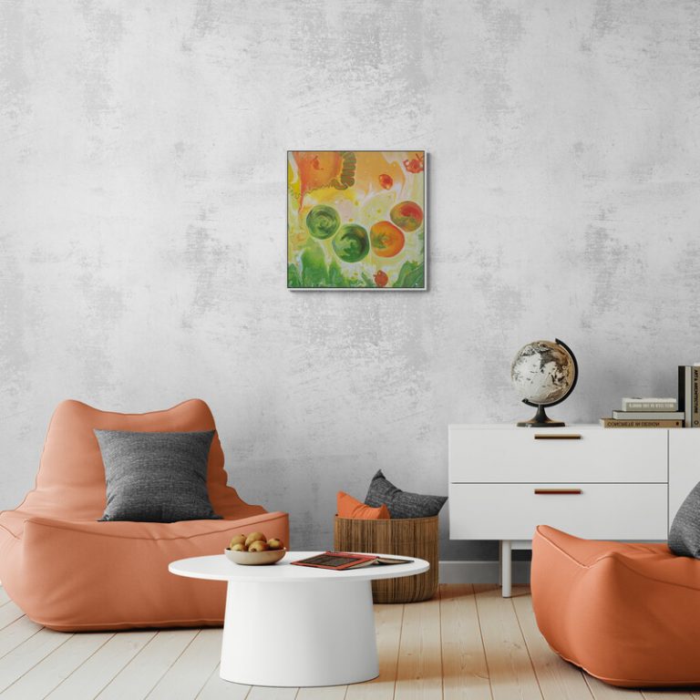 Lebenswirbel - abstraktes Acrylgemälde in Grün, Orange, Gelb und Weiß - Herzgewitter und Tagträume - Sandra Lederer - sanslart - Gengenbach, Ortenau, Offenburg, ARTist Gengenbach/Obernai