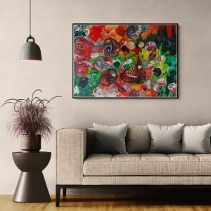 Liebesgrüße - abstraktes Acrylgemälde in Rot, Orange, Gelb, Grün, Schwarz und Weiß - Herzgewitter und Tagträume - Sandra Lederer - sanslart - Gengenbach, Ortenau, Offenburg, ARTist Gengenbach/Obernai