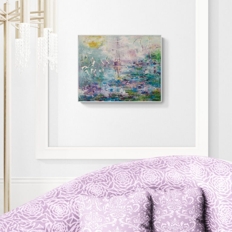 Roseninsel - abstraktes Acrylgemälde in Flieder, Rosa, Blau, Grün und Weiß Impressionen von Boot und Blüte - Sandra Lederer - sanslart - Gengenbach - Ortenau - Offenburg - ARTist Gengenbach/Obernai
