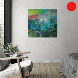Stille - abstraktes Acrylgemälde in Blau, Gelb, Rot und Weiß Impressionen von Boot und Blüte - Sandra Lederer - sanslart - Gengenbach - Ortenau - Offenburg - ARTist Gengenbach/Obernai