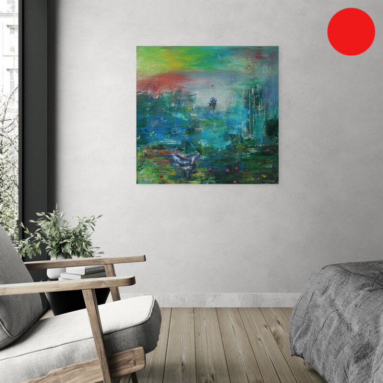 Stille - abstraktes Acrylgemälde in Blau, Gelb, Rot und Weiß Impressionen von Boot und Blüte - Sandra Lederer - sanslart - Gengenbach - Ortenau - Offenburg - ARTist Gengenbach/Obernai