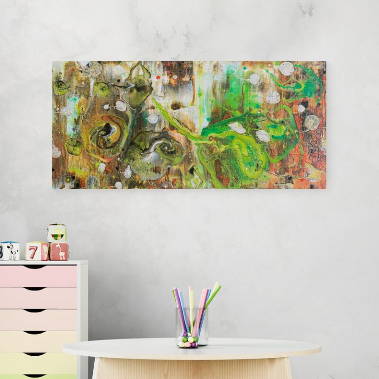 Wasserwelten 2 - abstraktes Acrylgemälde in Grün, Orange, Gelb, Braun, Schwarz und Weiß - Inselträume und Meeresmacht - Sandra Lederer - sanslart - Gengenbach, Ortenau, Offenburg, ARTist Gengenbach/Obernai