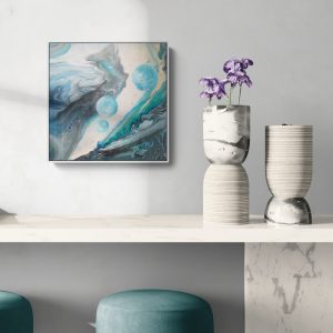 cosmic dance - abstraktes Acrylgemälde in Blau, Türkis, Schwarz und Weiß - Planeten und Galaxien - Sandra Lederer - sanslart - Gengenbach - Ortenau - Offenburg - ARTist Gengenbach Obernai