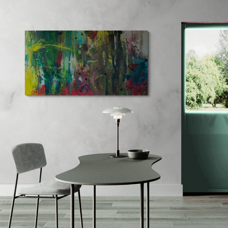 Ocean Drive - abstraktes Acrylgemälde in Blau, Gelb, Beere, Schwarz und Weiß, Neonfarben - Inselträume und Meeresmacht - Sandra Lederer - sanslart - Gengenbach, Ortenau, Offenburg, ARTist Gengenbach/Obernai