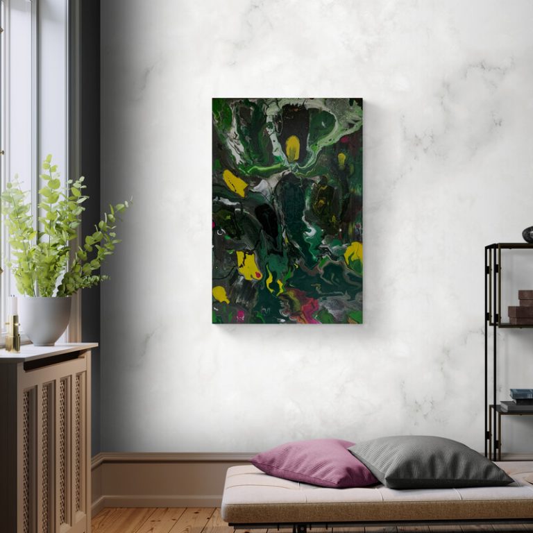 Verschlungen - abstraktes Acrylgemälde in Grün, Schwarz, Gelb und Beere - Herzgewitter und Tagträume - Sandra Lederer - sanslart - Gengenbach, Ortenau, Offenburg, ARTist Gengenbach/Obernai