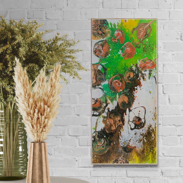 Wasserwelten 1 - abstraktes Acrylgemälde in Grün, Orange, Gelb, Braun, Schwarz und Weiß - Inselträume und Meeresmacht - Sandra Lederer - sanslart - Gengenbach, Ortenau, Offenburg, ARTist Gengenbach/Obernai