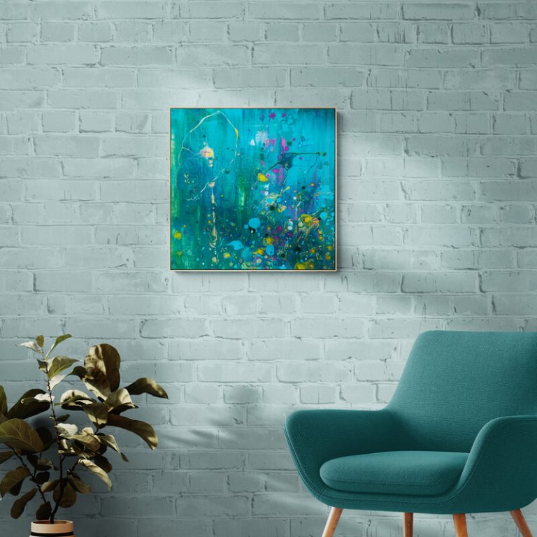 Waterworld - abstraktes Acrylgemälde in Blau, Türkis, Grün, Gelb, Pink und Weiß - Inselträume und Meeresmacht - Sandra Lederer - sanslart - Gengenbach, Ortenau, Offenburg, ARTist Gengenbach/Obernai