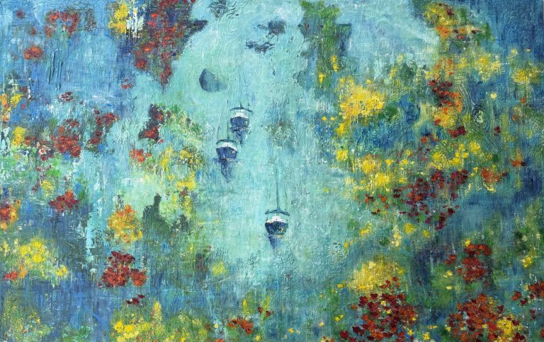 Sailing Wonderland - abstraktes Acryl- und Ölgemälde in Türkis, Blau, Gelb und Rot mit drei Segelbooten - Impressionen von Boot und Blüte - Sandra Lederer - sanslart - Gengenbach - Ortenau - Offenburg - ARTist Gengenbach Obernai